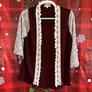 Umgee Women's Burgundy and Cream Sweater Cardigan